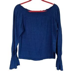 Margaret O’Leary 100% Linen Blue Smocked Off-Shoulder Sweater Bell Sleeve Sloucy